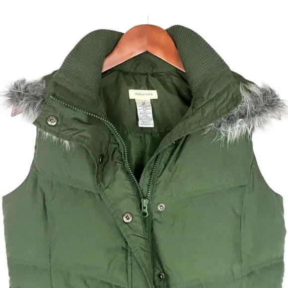 Fun DOWN Puffer VEST Maurices M with Faux Fur on Removable Hood Olive Green - Picture 8 of 13